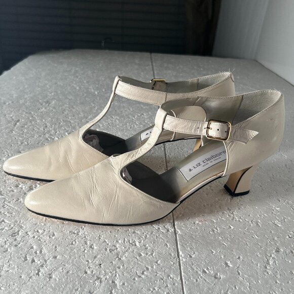Liz Claiborne SZ7.5N Ivory Leather T-Strap Heels Formal Career Wedding Chic - Picture 5 of 9